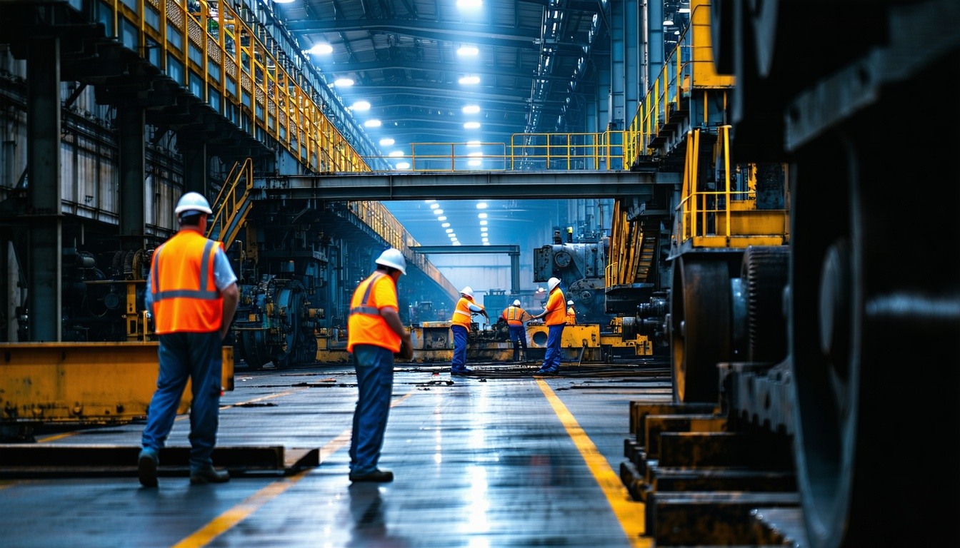 In the heart of a bustling aluminum and steel plant skilled workers are diligently crafting raw materials their movements synchronized with the rhythmic hum of machinery Bathed in dynamic shadows cast by the towering industrial structures the scene i-1