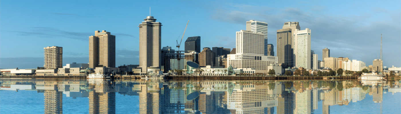 scenic view to New Orleans skyline in morning light from river Mississippi, USA