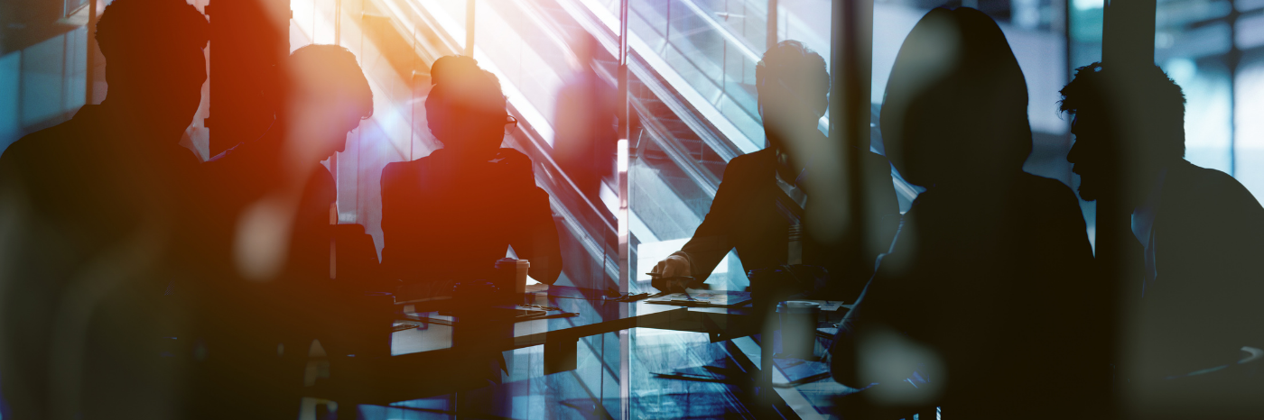 Background concept with business people silhouette at work. Double exposure and light effects