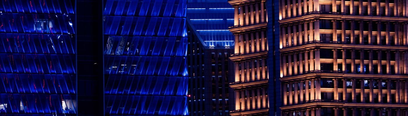 Close-up of financial buildings.